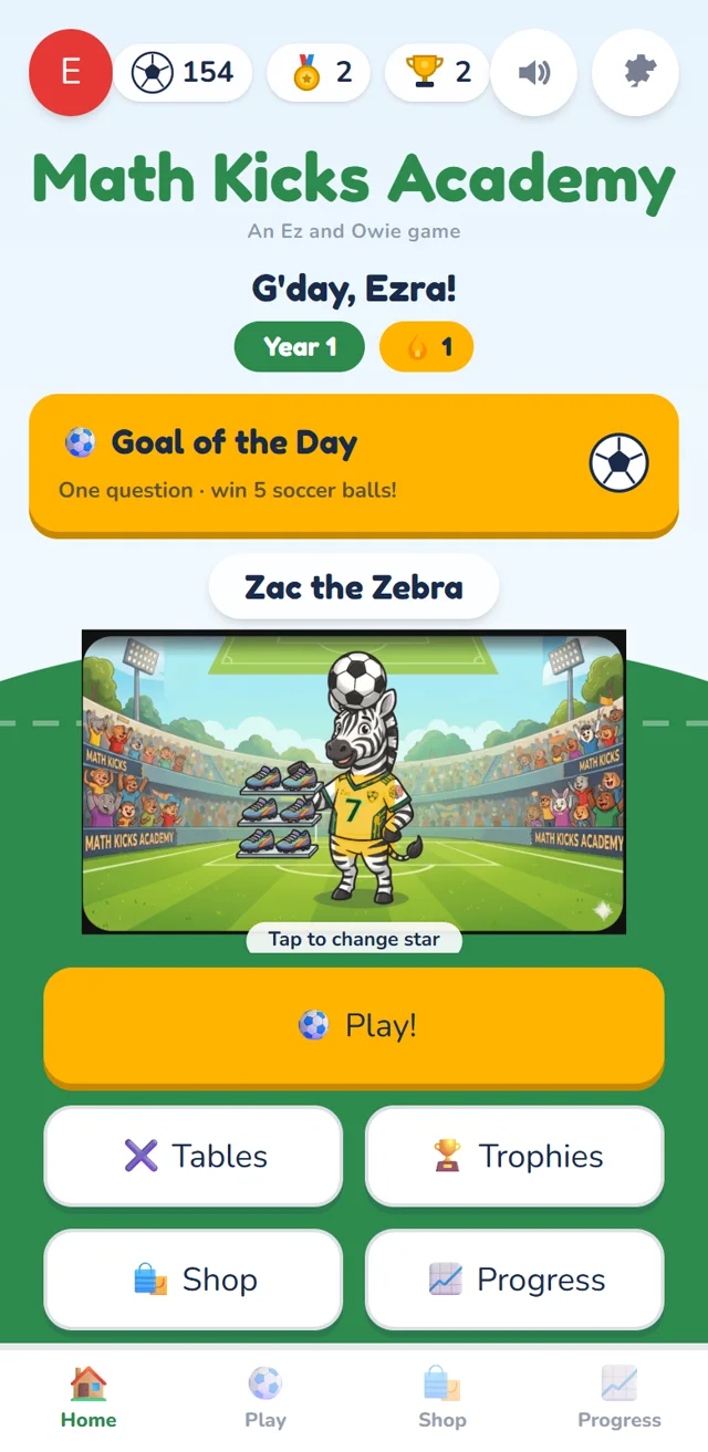 Math Kicks Academy home screen on a phone: G'day Ezra!, the Goal of the Day card, and Zac the Zebra ready to play