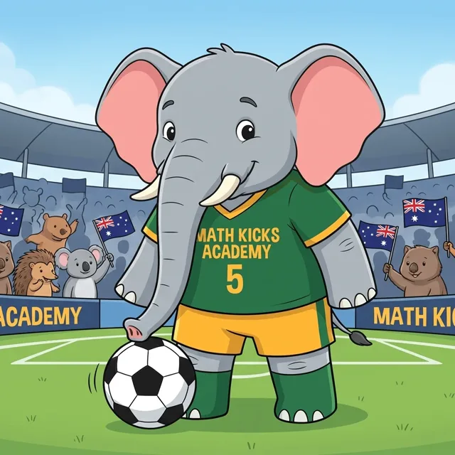 Ezra the Elephant in the green-and-gold kit, one foot on the ball